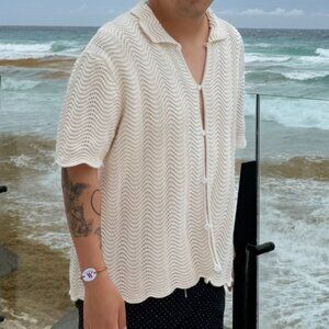 Yitai Ivory Shale Stitch Knit Button Up Shirt M